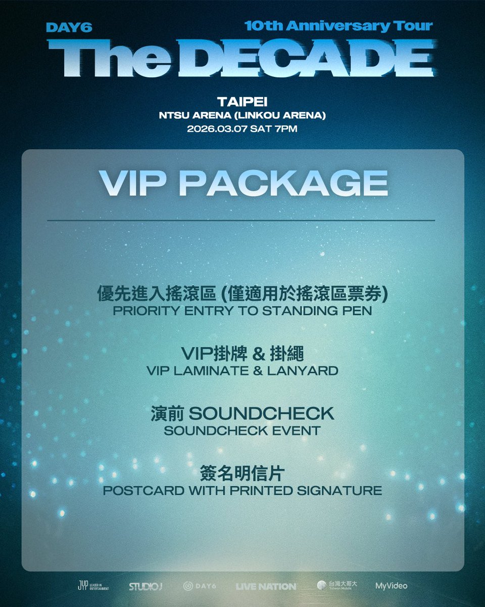 LiveNationTW's tweet image. DAY6 十年有你！
等待結束 終於到來
感動迎接 𝟭𝟬  週年
2026全新巡演
DAY6 10th Anniversary Tour &amp;lt;The DECADE&amp;gt; in TAIPEI
3 月 7 日（六）與你相聚
 
The wait is over! Celebrate the journey at the DAY6 10th Anniversary Tour &amp;lt;The DECADE&amp;gt; in TAIPEI on 7 Mar.