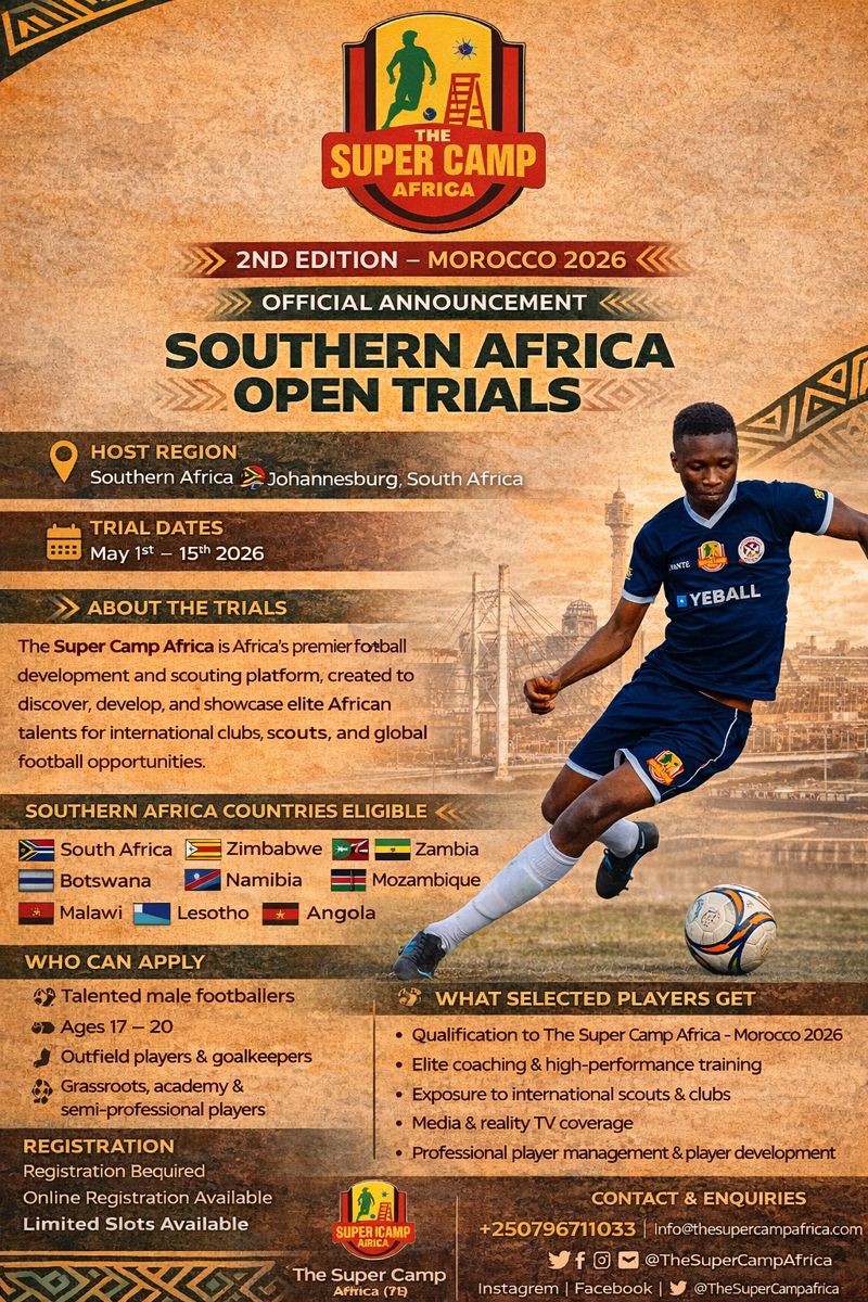OFFICIAL ANNOUNCEMENT 🚨
🔥 SOUTHERN AFRICA OPEN TRIALS 🔥
🇲🇦 THE SUPER CAMP AFRICA – 2ND EDITION | MOROCCO 2026

Southern Africa, the road to international football exposure starts here 🌍⚽
The Super Camp Africa is coming to Johannesburg, South Africa,  #TheSuperCampAfrica
