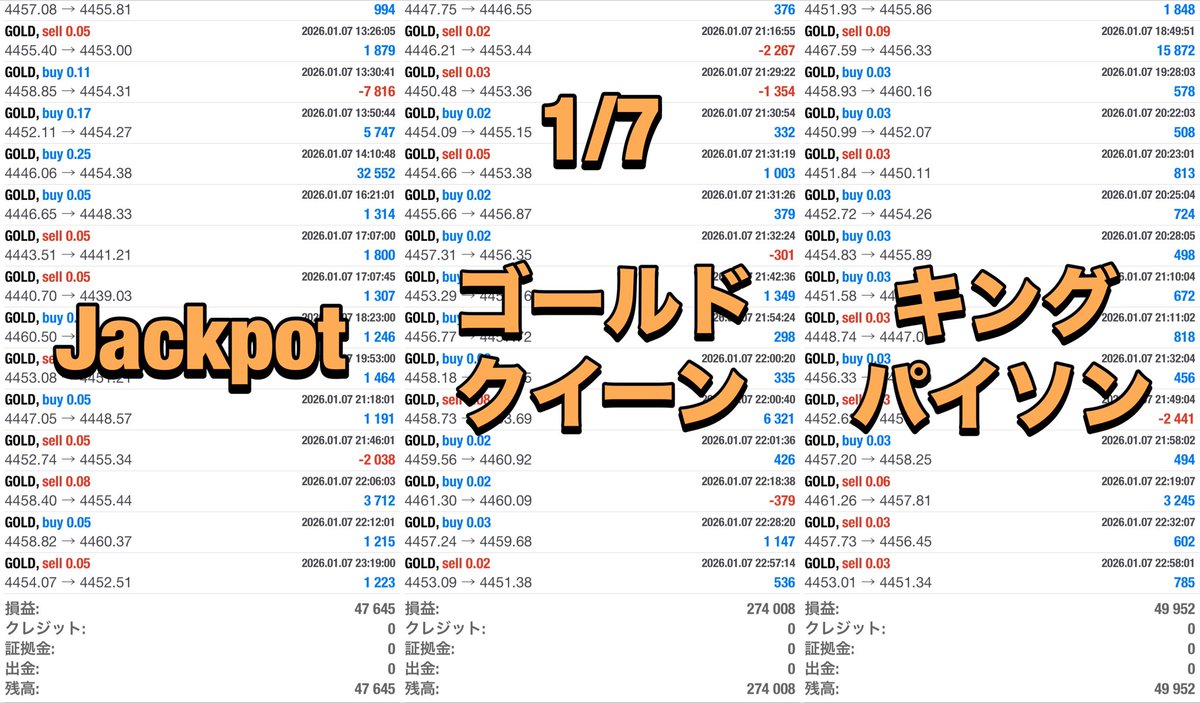 【1/7 EA収支報告】

🏆Jackpot
+47,645円（日利4.7%）

💎ゴールドクイーン
+274,008円（日利27.4%）

👑キングパイソン
+49,952円（日利4.9%）

EAはオプチャで無料配布中🎁
🌷ご参加はプロフから🌷

自動売買  ドル円  gold
トランプ  雇用統計  fomc
#ad