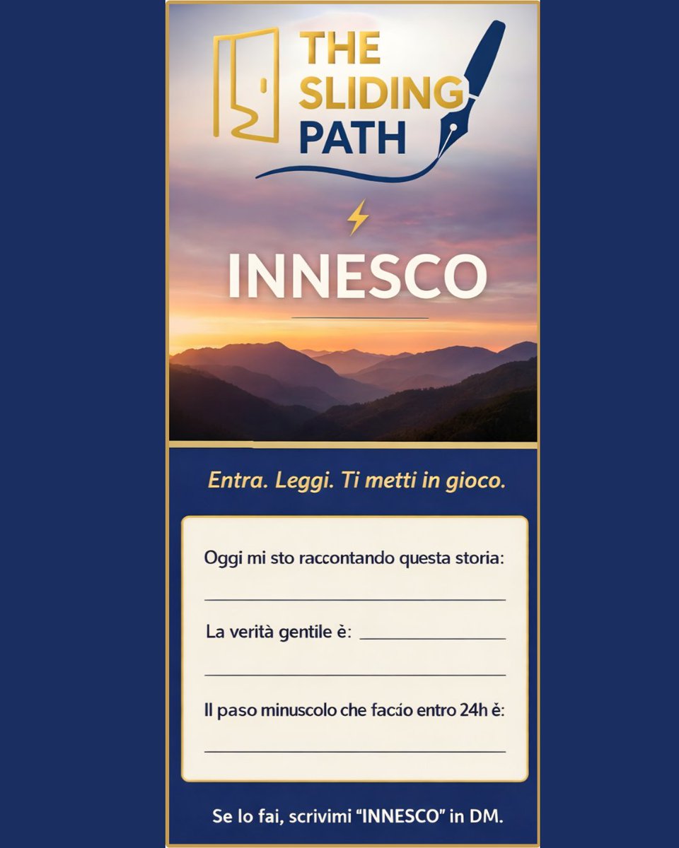 TheSlidingBlog's tweet image. Innesco: 
L’umanità è fatta di bivi. Di scelte. Di Sliding Moment.
Non esistono strade senza incroci: esistono solo istanti in cui decidiamo se restare fermi o fare un passo.
Meno teoria, più esperienza — la tua, Slider.
Se ti va, scrivilo in reply in 3 righe.
Io leggo. E ci…