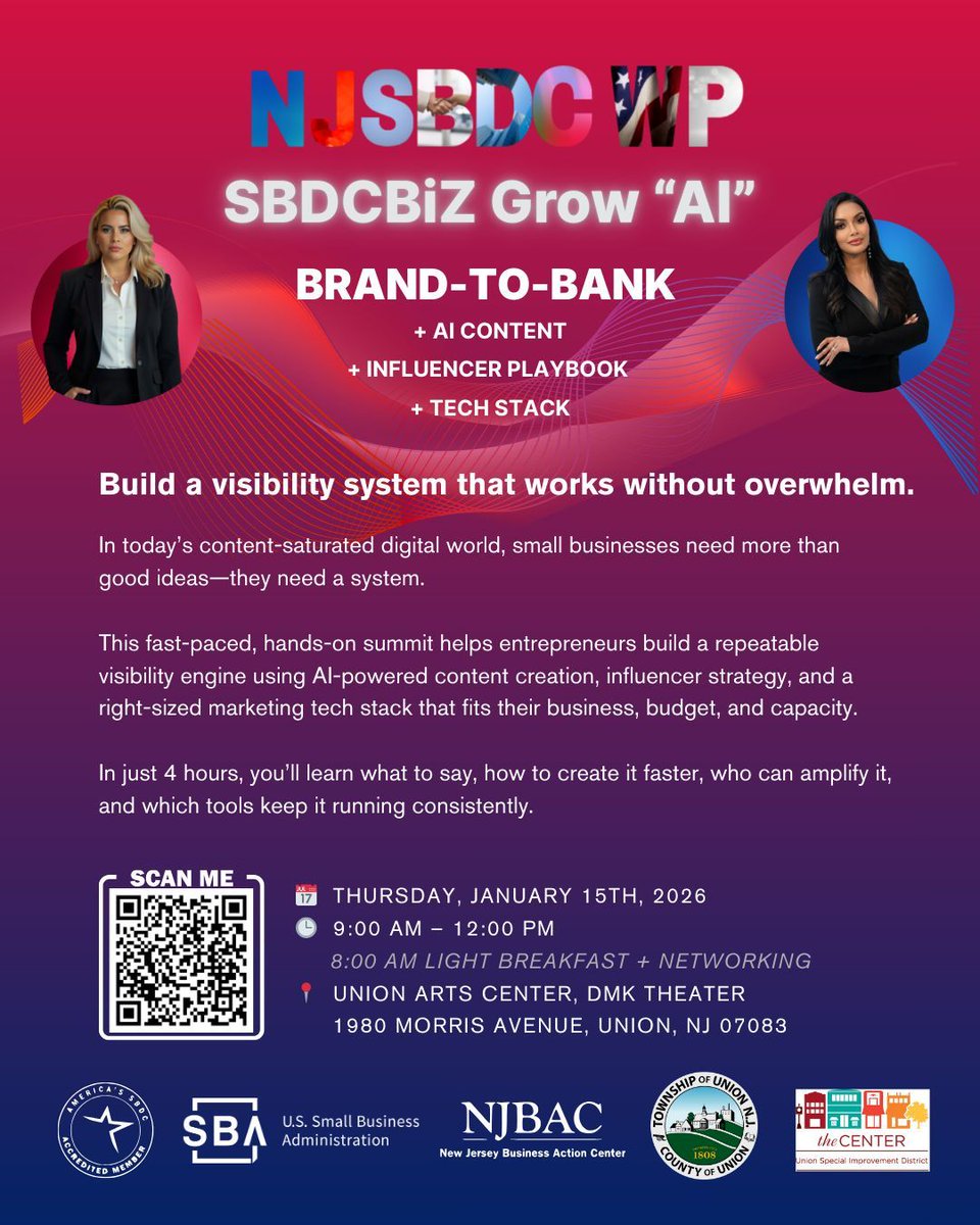 Ready to grow your brand with AI?
Join SBDCBiZ Grow “AI” on Jan 15, 2026!

✅ AI content
✅ Influencer strategy
✅ Tech stack

Union Arts Center, Union, NJ
9 AM – 12 PM (Breakfast @ 8 AM)

Register now: eventbrite.com/e/sbdcbiz-grow… 

#SmallBusiness #AI #BrandToBank #NJSBDC