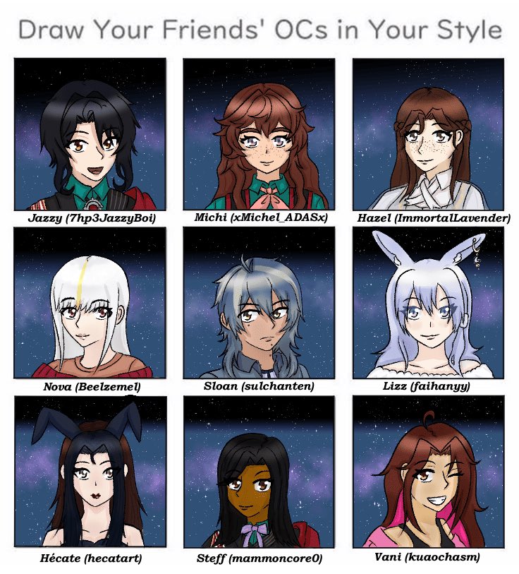 heria_lisandra's tweet image. First group finished ! 🫡
Thank you I hope you’ll like it and that I drew your OCs well ^^ don’t hesitate to tell me if you want me to make changes.
By the way, I wanted to add a chibi version in the Obey Me! Nightbringer style, but due to personal issues I won’t be drawing them