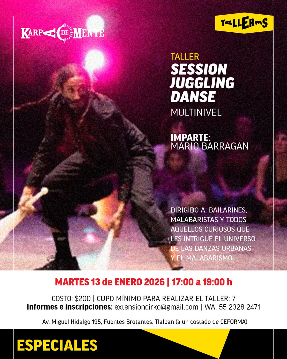 Arrancamos el 2026 con 2 talleres especiales y nuestra primera varieté del año con actos diversos, atrevidos y divertidos, ¡ven a disfrutar de esta función e iniciar el año con mucho circo, la Karpa De Mente te espera!

📍maps.app.goo.gl/r3XNfFcXWZUqhM…