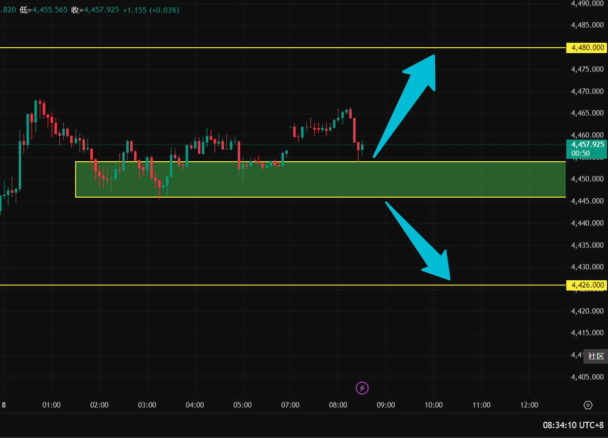2026年1月8日现货黄金市场分析计划A 4454附近轻仓多，止损4446，目标4468，4480 计划B  跌破4446轻仓空，止损4454，目标4438，4426 *仅代表个人观点，刚性止损，动态止盈。 #XAUUSD #XAUUSDSIGNALS # XAUUSD分析#GOLD