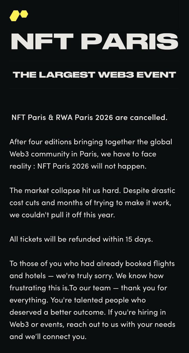 Is all the NFT event going downhill? 

I was pretty shocked to heard this new as it is always one of the anchor event in crypto especially this year there a shift to focus on RWA too. 

The reason hits even harder because I am organising a side event in HK on 10 Feb. When you run