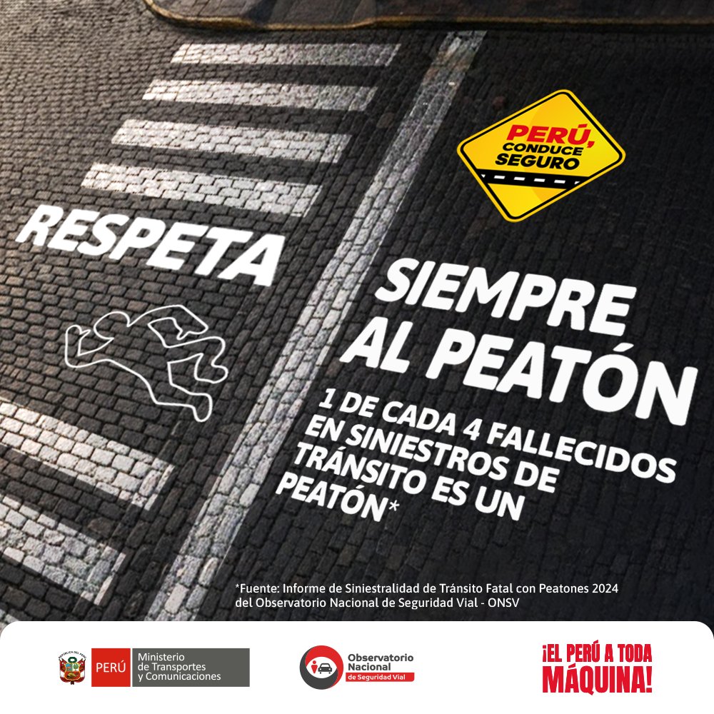 🚶‍♀️ Respeta siempre al peatón 🚶‍♂️

1 de cada 4 personas fallecidas en siniestros de tránsito es un peatón. Respetar los cruces, reducir la velocidad y ceder el paso salva vidas. En la vía, el peatón siempre tiene prioridad. (1/2)

#RespetaAlPeatón #PeruConduceSeguro #VeranoSeguro