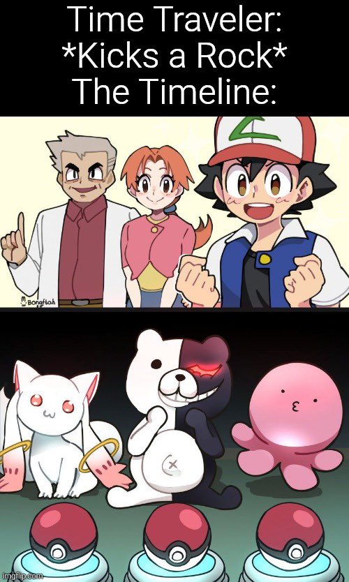 Nearishere's tweet image. What if a time traveler messed with the Pokémon timeline and your starter choices became Kyubey (for that magical girl despair grind), Monokuma (ultimate killing game vibes), and a pink Koro-sensei (assassination classroom, but make it cute and chaotic)? Ash's journey just got a…