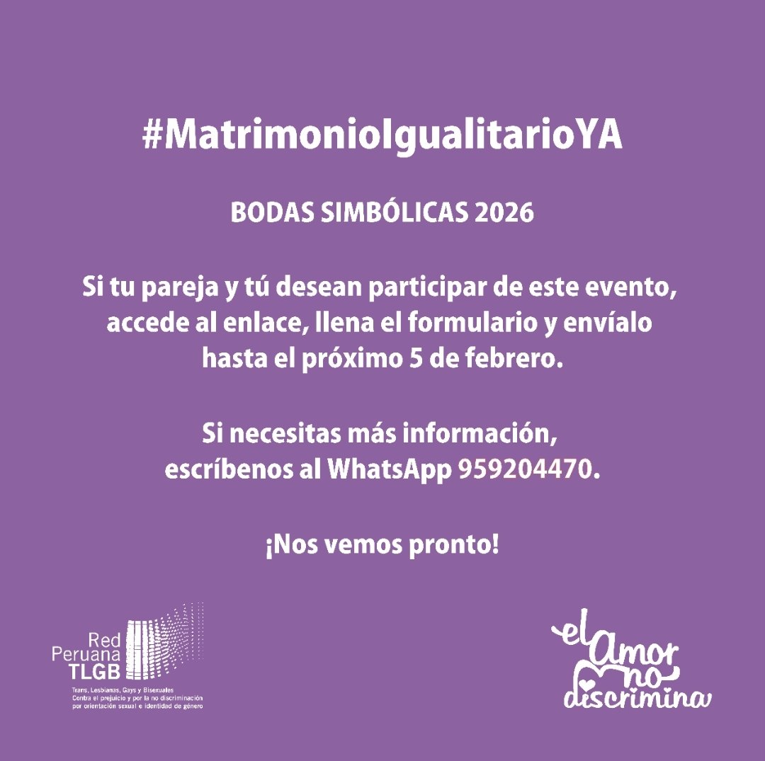 RedPeruanaTLGB's tweet photo. ✋🏽LIMA | 24 aniversario de 𝐄𝐥 𝐀𝐦𝐨𝐫 𝐧𝐨 𝐃𝐢𝐬𝐜𝐫𝐢𝐦𝐢𝐧𝐚. 🏳️‍🌈🏳️‍⚧️
Si tú también quieres participar de las bodas simbólicas de este año, inscríbete aquí 👇🏼 https://t.co/LcKjjBY6jb

👩🏽‍💻👨🏾‍💻Para más información, escribe al 959204470.

#MatrimonioIgualitarioYA
💍👭🏻👬🏻💍 https://t.co/weoHbLIzv1