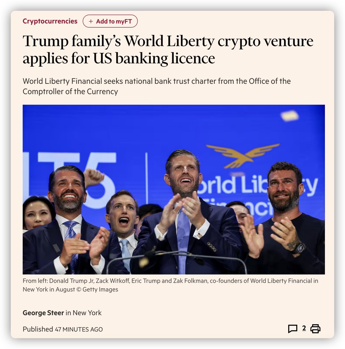 特朗普家族的世界自由金融已向美国货币 监理署提交全国性银行信托牌照申请。获得牌照后将被允许在一家受到高度监管的实体下，将发行、托管和兑换整合为全栈式服务。将使得名为世界自由信托（World  Liberty Trust）的新