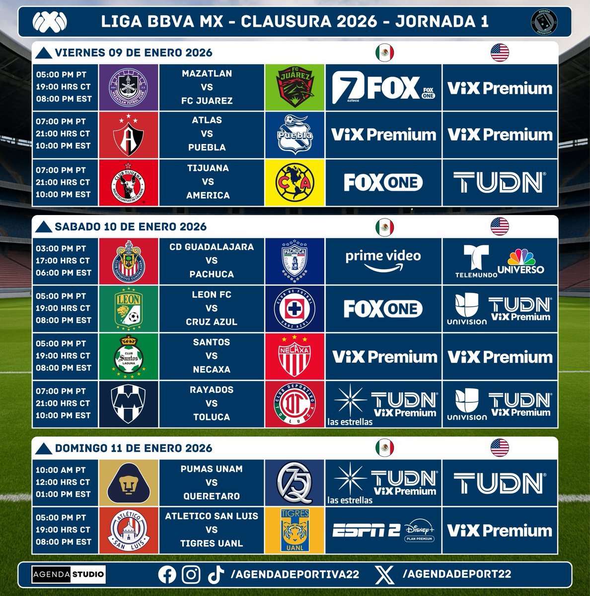AgendaDeport22's tweet image. Liga BBVA Mx Clausura 2026 
Jornada 1
Transmisión: México y USA
⚠️Programación Sujeta a Cambios⚠️
#LigaBBVAMx 
#AgendaDeportiva