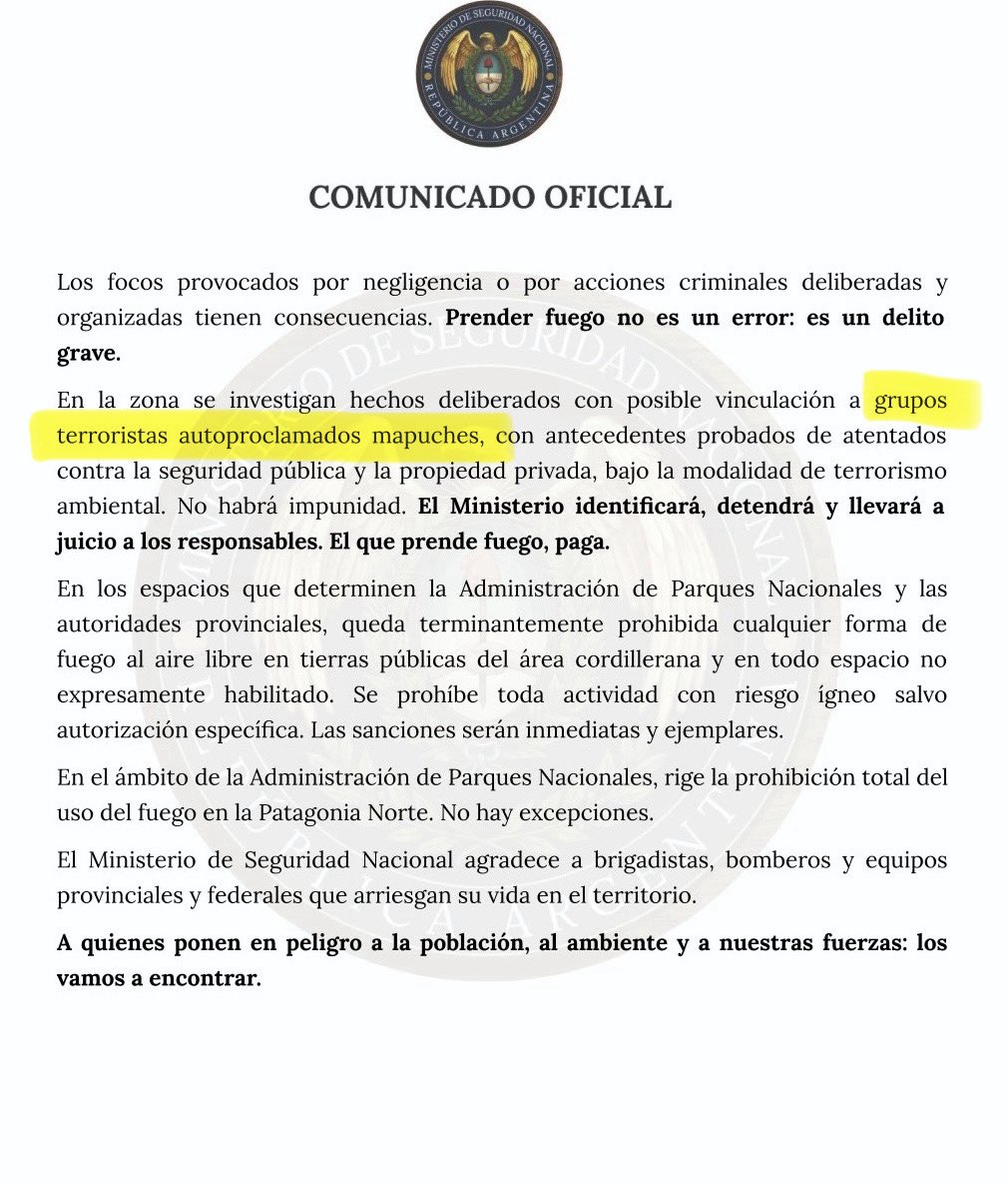 TugoNews's tweet image. El Ministerio de Seguridad ya salió a echarle la culpa de los incendios a los MAPUCHES jajajaj che están raros estos mapuches 🇮🇱