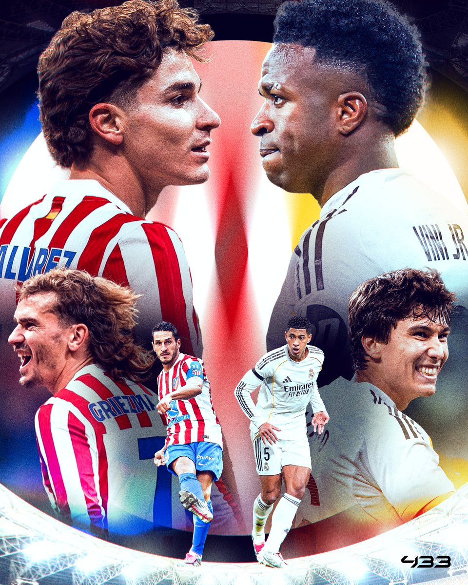 433's tweet image. 𝐌𝐀𝐃𝐑𝐈𝐃 𝐃𝐄𝐑𝐁𝐘 𝐈𝐍 𝐓𝐇𝐄 𝐒𝐄𝐌𝐈-𝐅𝐈𝐍𝐀𝐋𝐒 🤩🍿

It’s Atlético vs Real Madrid in the second semi-final of the Spanish Super Cup 🥵

Who will win and face Barcelona in Sunday’s final? 🤔
