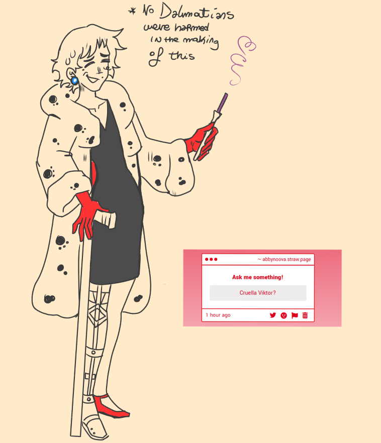 Abbynoova's tweet image. I knooooww who this isss hiiii &amp;lt;3 

ive never seen the new Cruella movie, but i think shes inspired from Crudelia in 101 dalmatians, right? love that one, fav childhood movie ❤️❤️❤️

i struggle w drawing after a whole day of RDR2 damn