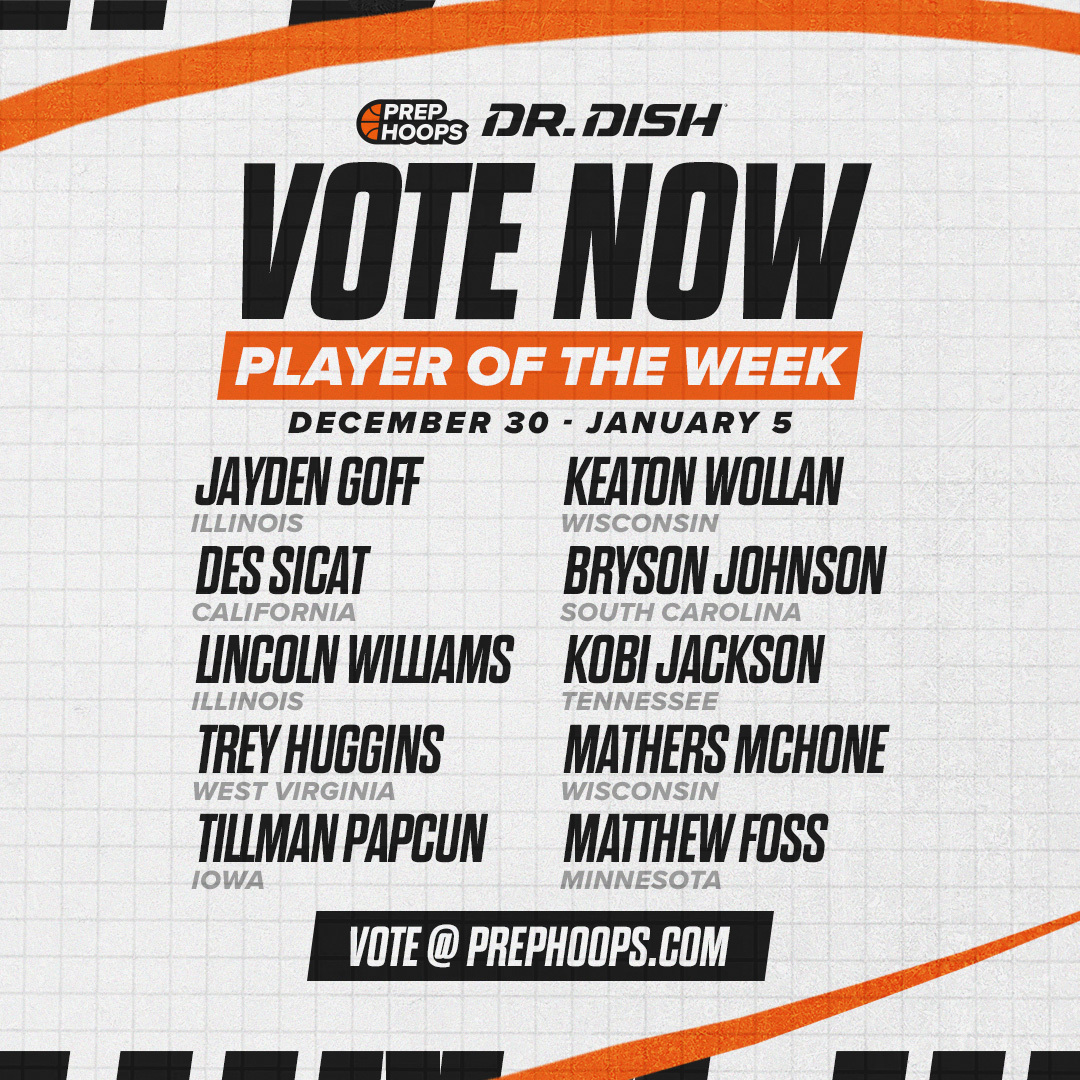 PrepHoops's tweet image. Prep Hoops Player of the Week is here for December 30 to January 5!
@des_sicat @trey_huggins24 @tillmanpapcun22 @brysonjohnsonsc
@Kobijackson2027 @jaydengoff07 @MathersMcHone @matthewfoss21 @drdishbball 

🗳️ Vote now: prephoops.com/2026/01/who-is…
