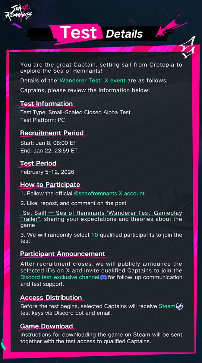 seaofremnants's tweet photo. You are the great Captain, setting sail from Orbtopia to explore the Sea of Remnants!

Details of the "Wanderer Test" X event are as follows.

Captains, please review the information below:

#SeaofRemnants https://t.co/DlsYQrgg0r