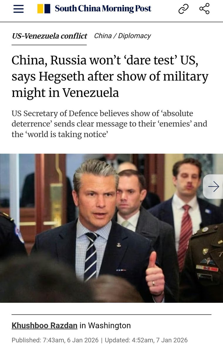 US War Secretary Pete Hegseth made it clear that the imperialist attack on Venezuela was also a threat against China &amp; Russia.

He said, "They’re noticing American power", and "our enemies will not dare to test us" in a “new era of great power competition”.

Cold War Two.

Link: