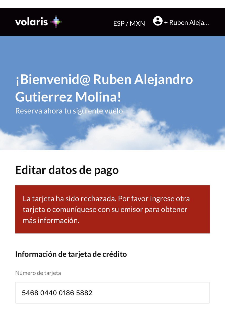 RubenGtz's tweet photo. Otro dia más que no funciona la membresia @viajaVolaris, quien la tiene ¿también está teniendo este problema? https://t.co/vqtoPhunTZ