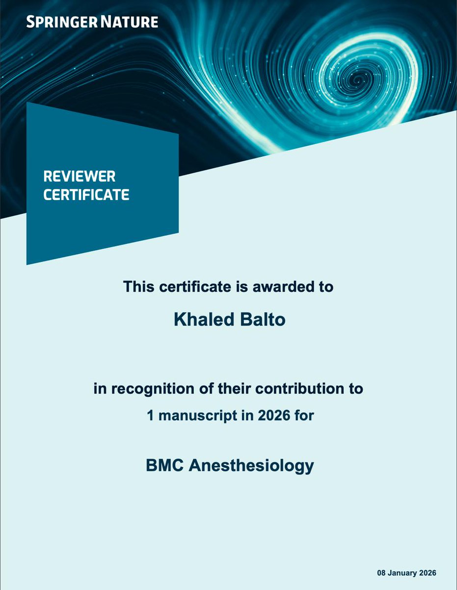 ProfessorBalto's tweet photo. تشرفت بالحصول على شهادة مُحكِّم علمي من مجلة BMC Anesthesiology لعام 2026.
المساهمة في التحكيم العلمي مسؤولية مهنية وشرف أكاديمي.
#التحكيم_العلمي #البحث_العلمي #SpringerNature https://t.co/N9uBNlGqRj