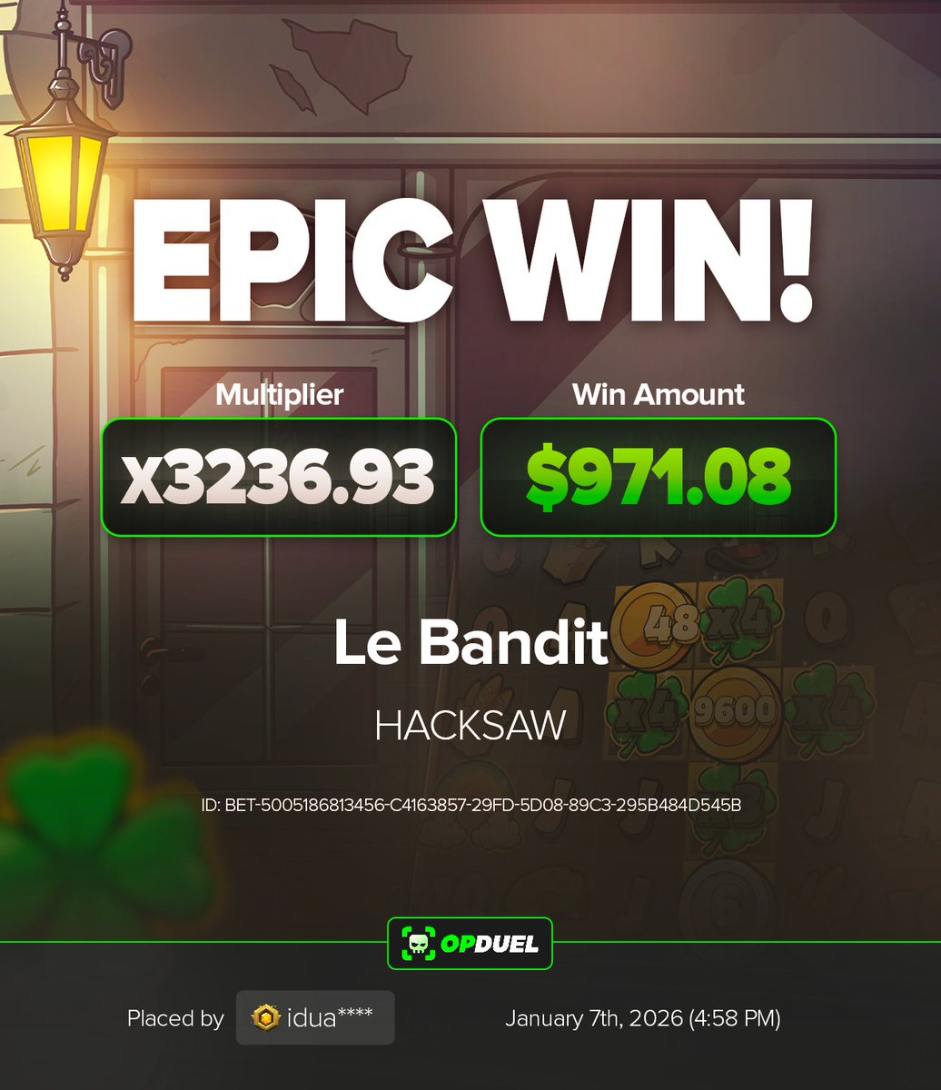 op_duel's tweet photo. LE BANDIT JUST COOKED 🔥

Turning .30c bet into $971.08, this user walked away with the loot 🍀

Drop those usernames - we're giving out some tips 💸 https://t.co/MO5CcvikZT