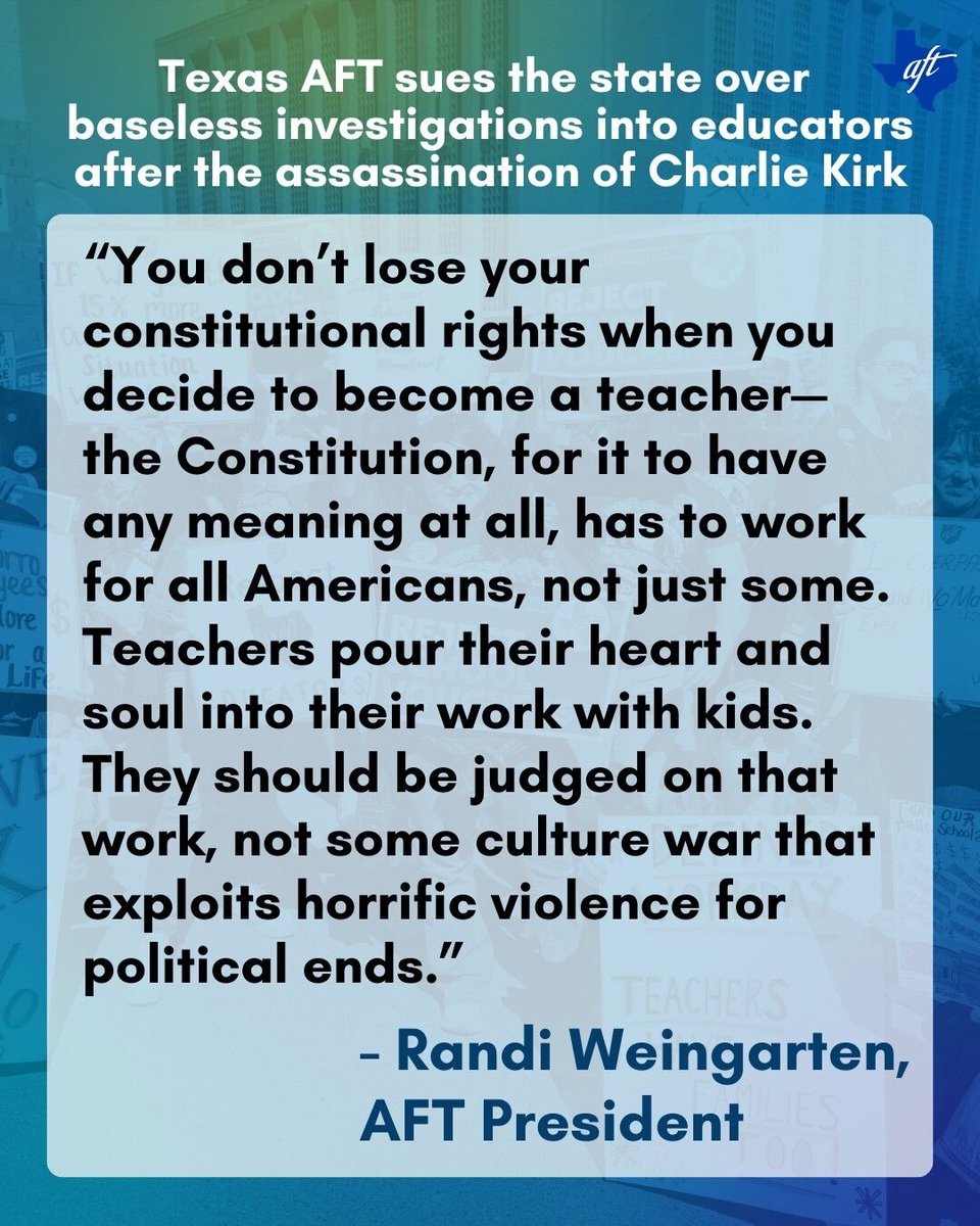 #AFT sues #TEA for punishing #publicschool classroom teachers’ private personal speech made in personal spaces offsite &amp; outside the classroom.

Over-reaching infringement of constitutional rights of every American cannot stand.