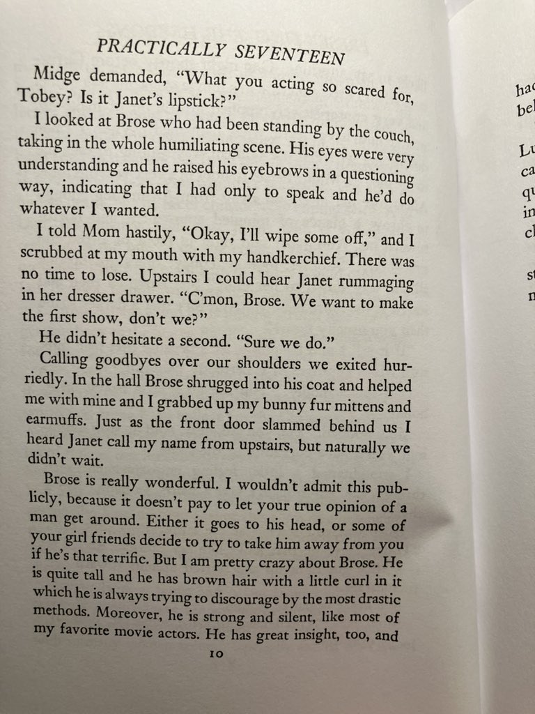 IshkabibbleBook's tweet photo. Then there’s the appealing writing style. It’s written first person with a teen gossip tone, as if Tobey is taking the reader into her confidence.

She’s honest and self-deprecating too as she insists that she’s grown up enough to wear her sister’s darker lipstick or her sophisticated black net formal dress.

🧵 5/6