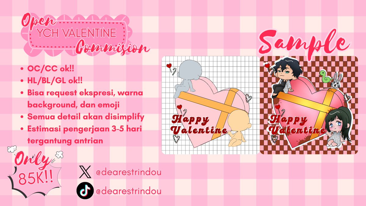 [♡ and ↻ are appreciated]

Open YCH Valentine Commision!! 💝🌹

Buat yang masih bingung buat konten Valentine, boleh banget komis di aku 🤩🤩 untuk yang tertarik boleh langsung cus dm (っ'-')╮=͟͟͞͞ ✉️

#commisionopen #artidn #zonauang