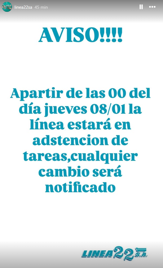 CiudadDeBondis's tweet photo. #AHORA🚨
#Linea22 también va al paro (abstención de tareas) https://t.co/YvxhWVEHnw