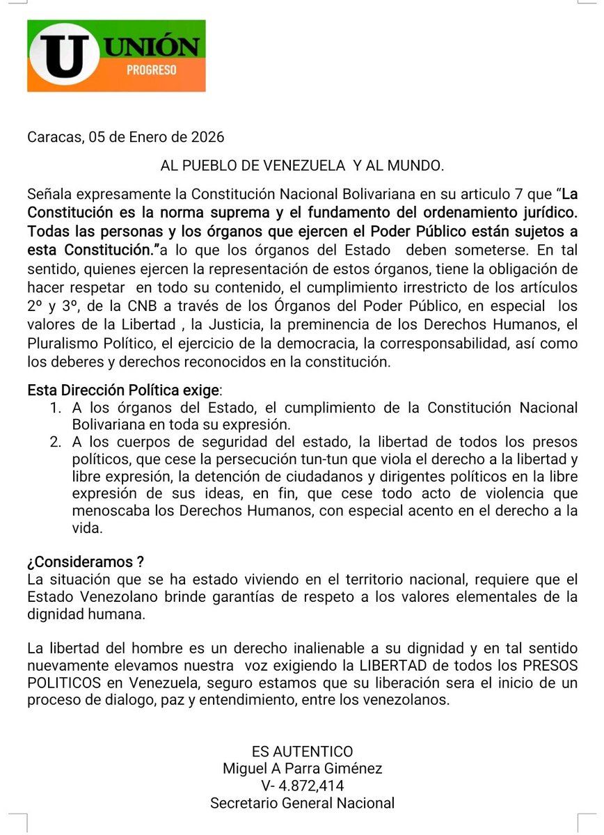 El Estado Venezolano debe brindar garantías a los valores elementales de la dignidad humana. Exigimos la LIBERTAD de todos los PRESOS POLITICOS en Venezuela, seguro estamos que su liberación sera el inicio de un proceso de dialogo, paz y entendimiento, entre los venezolanos.