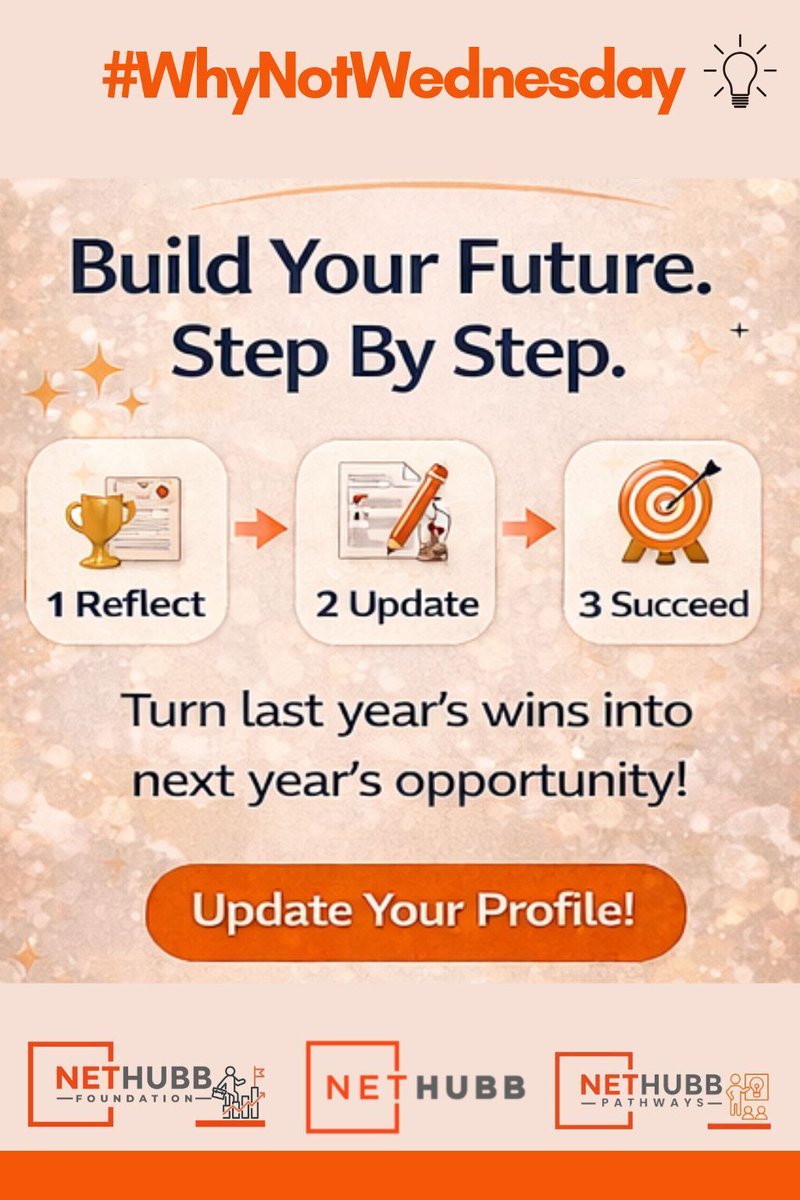 #WhyNotWednesday: 𝗪𝗵𝘆 𝗻𝗼𝘁 𝗺𝗮𝗸𝗲 𝘁𝗵𝗶𝘀 𝘁𝗵𝗲 𝘆𝗲𝗮𝗿 𝘆𝗼𝘂 𝗴𝗲𝘁 𝗻𝗼𝘁𝗶𝗰𝗲𝗱?

* Update your profile
* Add 2025 achievements
* Get ready for new career wins in 2026

𝗦𝘁𝗮𝗿𝘁 𝗻𝗼𝘄: 𝗵𝘁𝘁𝗽𝘀://𝗻𝗲𝘁𝗵𝘂𝗯𝗯.𝗰𝗼𝗺 

#NethubbFoundation #Nethubb #CareerGrow