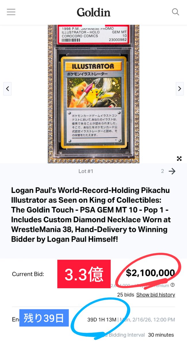 MunPika_Pokemon's tweet image. 【速報】ローガンポールのポケモンイラストレーターPSA10

残り39日ですでに3.3億円の値がつく