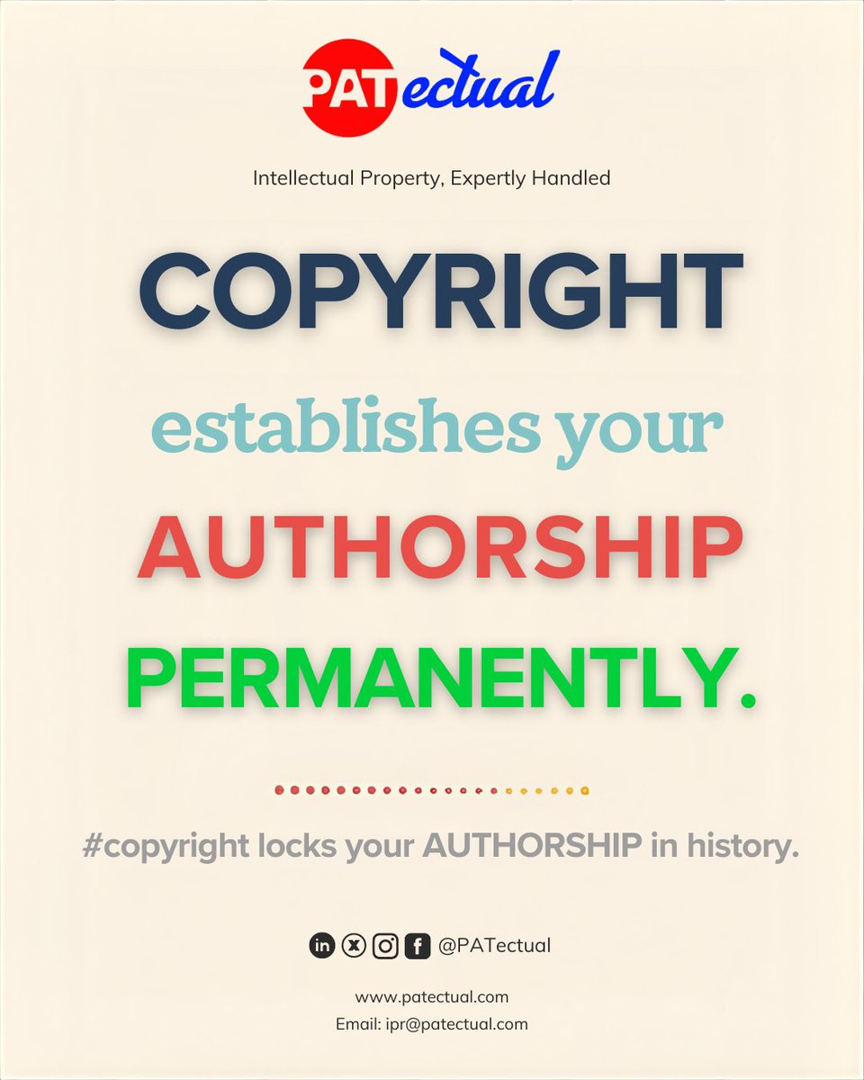 patectual's tweet photo. PATectual IP

Patent l Trademark l Copyright l Industrial Design l Geographical Indication

Intellectual Property, Expertly Handled

#DoYouKnow https://t.co/gOzsQJlv0v