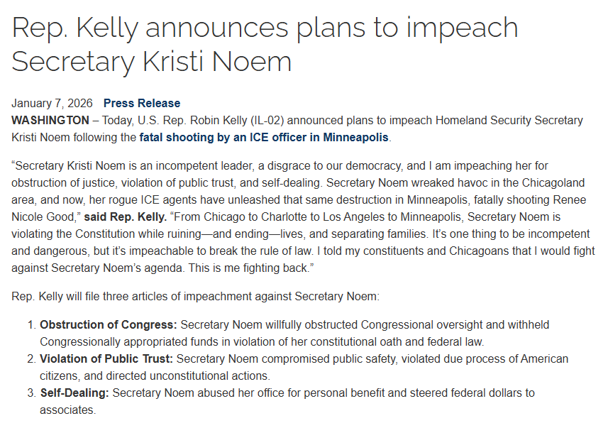 AZ_Intel_'s tweet photo. U.S. Rep. Robin Kelly (D-IL) announces plans to file three articles of impeachment against Homeland Security Secretary Kristi Noem: https://t.co/26YUVvqbwD