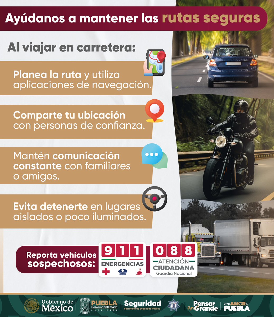 Viajar con responsabilidad protege a más familias. #PorAmorAPuebla, el <a href="/Gob_Puebla/">Gobierno de Puebla</a> realiza acciones para mantener rutas más seguras y refuerza la importancia de denunciar cualquier delito.