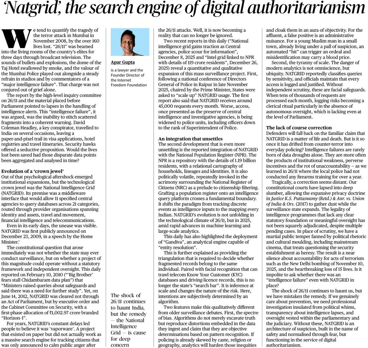 ramreddy's tweet photo. You cant find a better explanation and a more well-argued warning about the implications of the access to citizen data now available to police and intelligence agencies via #NATGRID by @apar1984 , our legal conscience keeper on digital matters. Today's @TheHindu https://t.co/4OrXtgLYQk