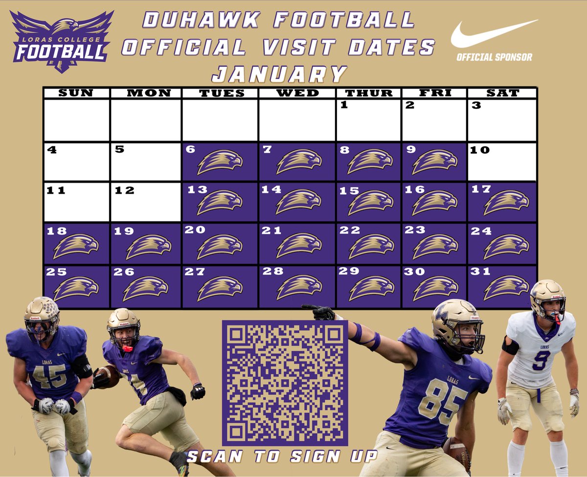 January Official Visit Dates are Live.

Come meet the staff, talk ball, and see what Duhawk Football is building.

Official visits. Real relationships.

Scan the QR to register. Let’s talk ball.
#GoDuhwaks |#FLYWITHUS |