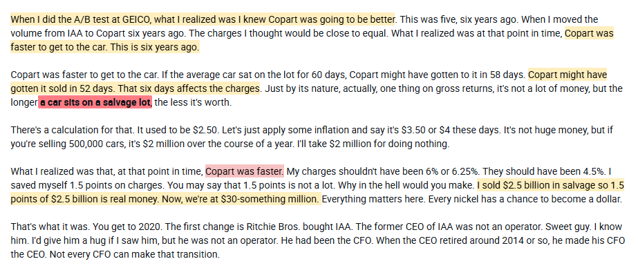 Speedwell_LLC's tweet photo. Really great AlphaSense expert call interview with a former VP of Geico. He touches on the dynamics between $CPRT and IAA ( $RBA) 

He sees that IAA has stepped up their game and is now picking up and selling salvaged cars at the same rate Copart is. 

He also thinks this could (on margin) result in some carriers moving to IAA to balance the dynamic between Copart and IAA. 

Basically no insurance company wants a monopoly and so they try to balance where the volumes go between the two. This historically has been offset by Copart saving the insurers more money--so they on margin preferenced Copart. 

It is important to note though that this isn't actually why we saw the volume drop off over the past 2 quarters. There hasn't been any big carrier switches or volume changes (this is just a future risk). 

Their recent headwinds have been driven by under insured and non insured drivers, who when they crash, the insurance company doesn't collect the car. 

The expert notes that it is very rare (never happened before) for Americans to have premiums increase 50% in a short period of time due to Covid, supply shortages (increases cost to repair and buy replacement cars), and inflation. 

IAA getting better was always a risk (although one that I honestly didn't see happening in such a short period of time). Having said that, the volume/ market share shifts in the U.S. aren't likely to be that meaningful and contracts only come up for renewal every several years on a rolling basis. 

The Geico executive didn't think Geico would move volumes away from Copart. (Copart is still very well run, it is just that their competitor seems to have caught up). 

It is also worth remembering though that Copart is growing internationally in many markets where there is no real competitor. They don't need to take share (and weren't expected to) in the U.S. in order to grow. 

I shared some key quotes from the interview in this thread. A special thank you to @AlphaSenseInc for insights. 

(1/3)