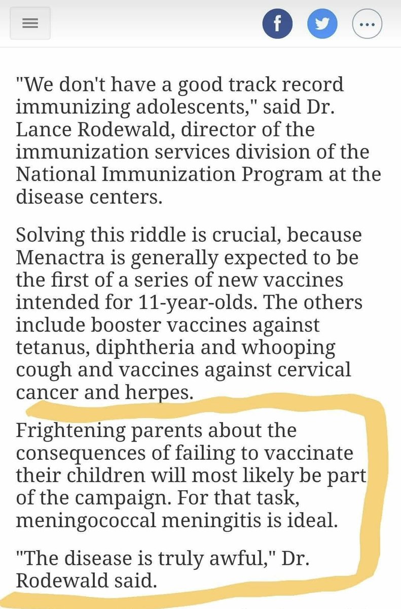 Well, well, well … 

Ever hear of Dr. Lance Rodewald?
Director of the Division of Immunization Services at the CDC

Here is a 2004 NY Times article, quoting him stating that "frightening parents into vaccinating will be part of new campaign"

 mobile.nytimes.com/2004/10/27/hea…