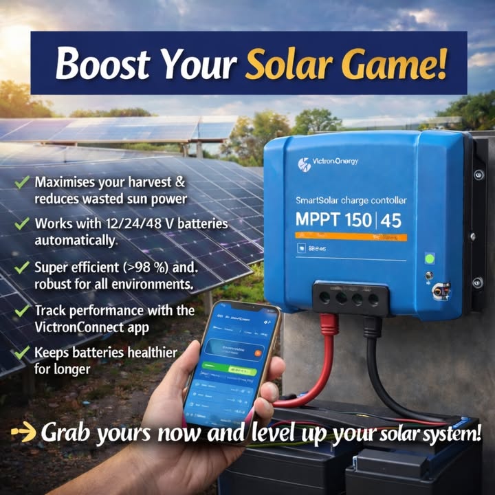 ⚡ Boost your solar game with the Victron SmartSolar 150/45 MPPT. Ultra-fast MPPT tracking, >98% efficiency &amp; built-in Bluetooth via VictronConnect. Get more power from your panels and keep your batteries healthier for longer and for serious systems. 💪🔋 sustainable.co.za/products/victr…