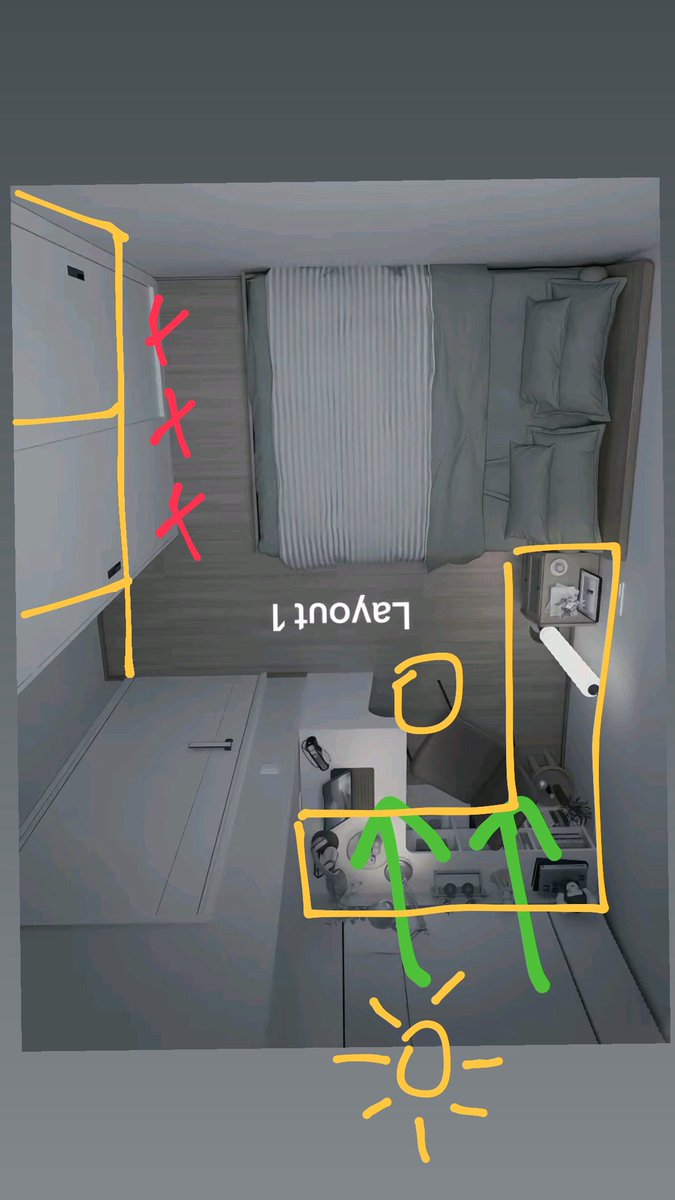 kalopsia_lntng's tweet image. Budayakan naro pintu di bawah gambar  🤧

1. Kepala kasur engga boleh membelakangi jendela
2. Punggung pas lagi kerja/belajar engga boleh membelakangi pintu

jadi layout 1 lebih ideal, tapi masih bisa dioptimalkan menggunakan furniture built in yang dirancang sesuai ruangan!