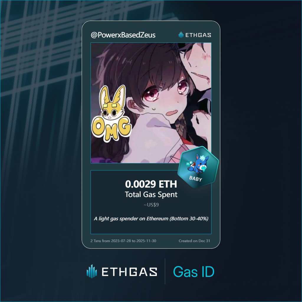 PowerxBasedZeus's tweet image. Discovered my Gas ID via ETHGas - turning my gas spend into rewards 🫘

As a Baby Jack, I've spent 0.0029 ETH on gas but earned 1 Beans back.

Get your Gas ID and Beans here: ethgas.com/community/gas-…