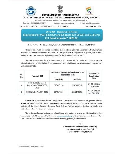 JadhavarGroup's tweet image. 📢 CET 2026 Registration Open!
Apply now for MAH-B.Ed, B.Ed ELCT &amp;amp; LL.B (3 Years) CET.
🗓️ 8–23 Jan 2026 | 🆔 APAAR ID mandatory
🔗

 mahacet.org
#CET2026 #MAHACET #AdmissionsOpen #Students