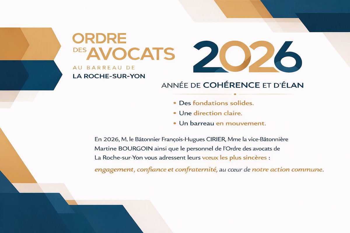 Monsieur le Bâtonnier François-Hugues CIRIER, Madame la Vice-Bâtonnière Martine BOURGOIN ainsi que le personnel de l'Ordre des Avocats vous adressent leurs meilleurs vœux pour cette nouvelle année ✨