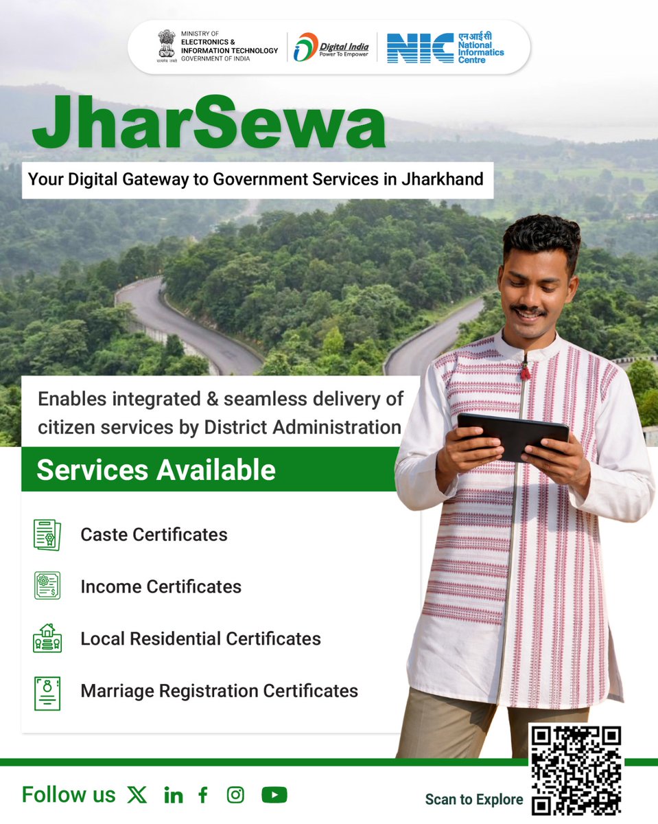 #JharSewa – Delivering digital services for a smarter Jharkhand!

Built on NIC’s #ServicePlus framework, it provides citizens with easy access to essential services such as income certificates, caste certificates, local residence certificates &amp; EWS certificates—all in one place.