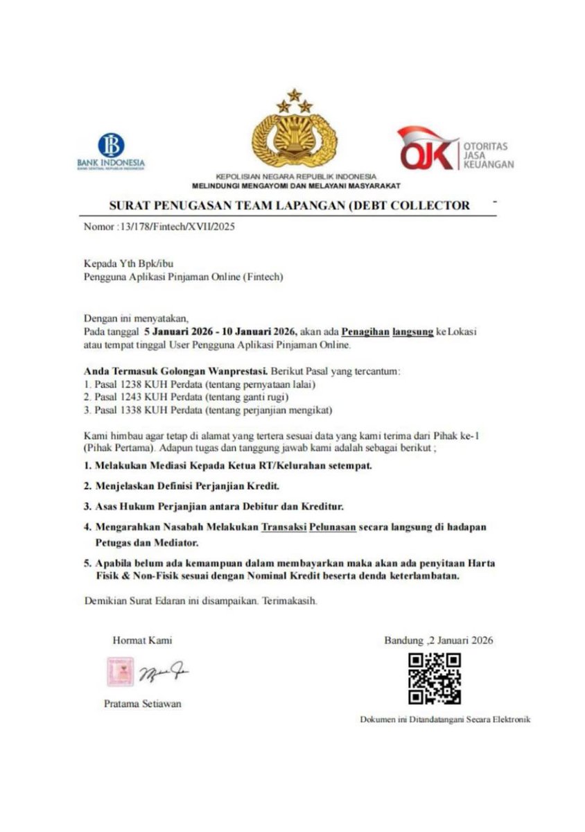 mrtweepsID's tweet image. Kenapa ya DC pinjol bisa senekat ini?

Menekan nasabah dengan “kreativitas” yang salah arah.
Surat dibuat seolah resmi, logo-logo instansi negara dicantumkan tanpa hak.

Berani banget. Nekat banget.

Padahal itu bukan kewenangan mereka. Itu bisa masuk pemalsuan, dan penyesatan.…