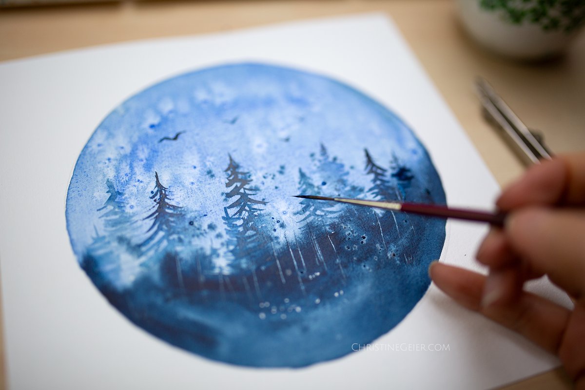 ChristineG_'s tweet photo. January is a quiet month for me. No departure, no pressure. More like a retreat – like a forest in winter. This picture is my January in my current watercolor calendar. Blue, calm, protective. There are a few copies – for those who like the quiet. https://t.co/15O6lkiRMc #art https://t.co/ZJ25trnX2L