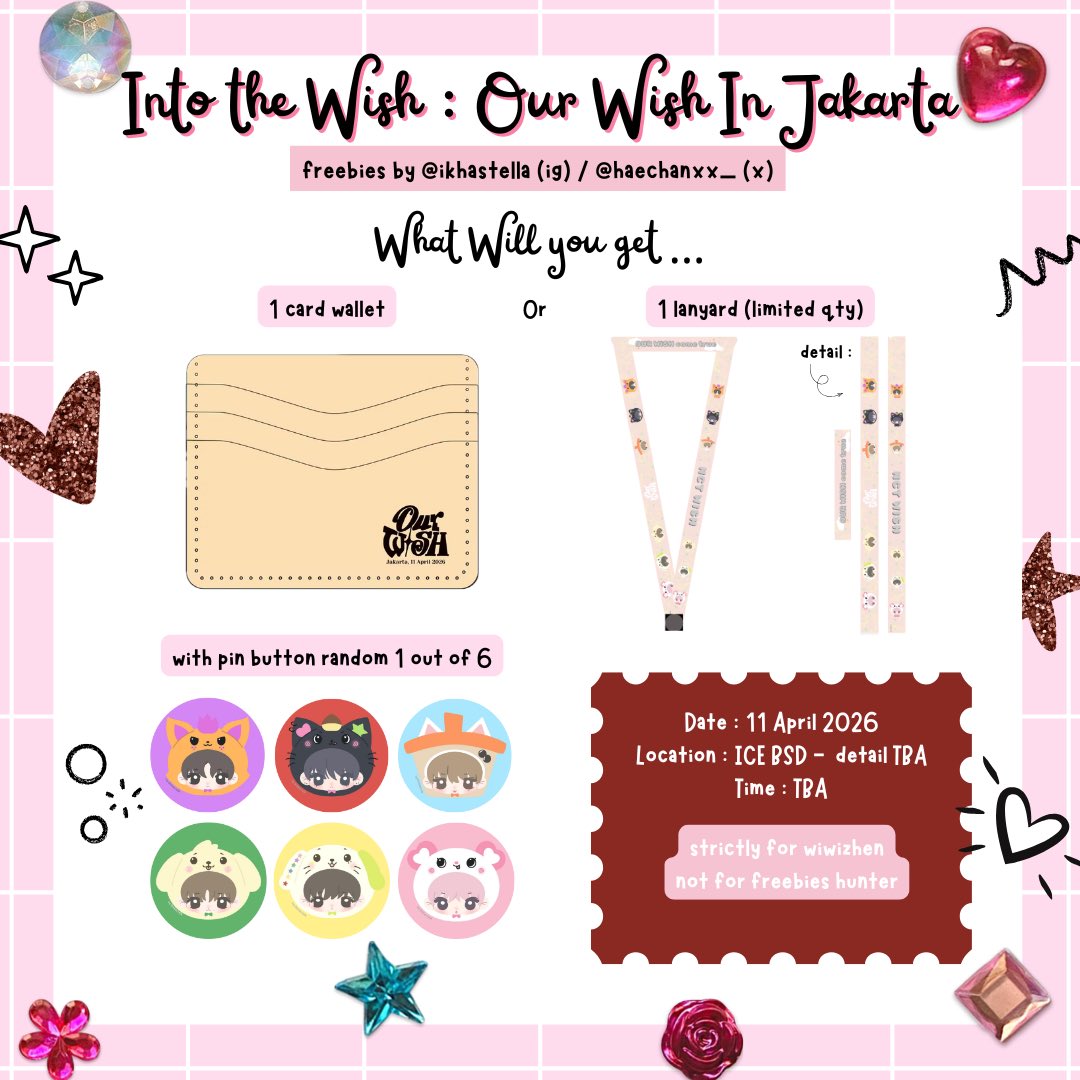 Haechanxx_'s tweet photo. ｡ ﾟ꒰ঌ INTO THE WISH : Our WISH in Jakarta ໒꒱ ༘*.ﾟ
freebies by @haechanxx_ 🎀💗

How to claim?
🌷🐿️ follow,RT&amp;like this tweet
⭐️🌳 find me and say "Hi kak!" dont forget to ask nicely
🦭🥐 kindly tag me if you get

trade? just DM

#NCTWISHINJKT #INTOTHEWISH #NCTWISHinJakarta https://t.co/xaB94tYBO6