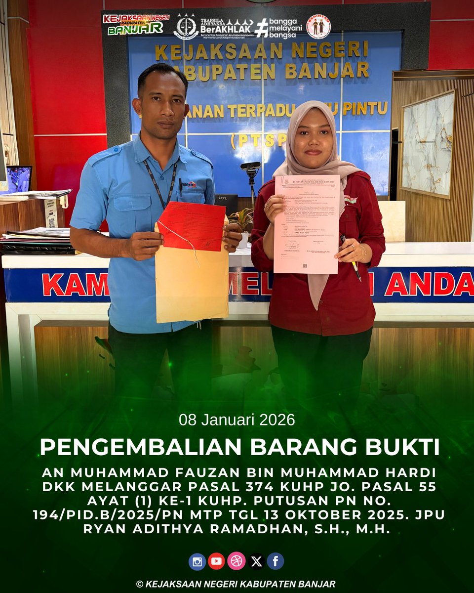 instagram.com/p/DTPZLC7D0Fn/…
Kamis, 08 Januari 2026 Pengembalian BB an MUHAMMAD FAUZAN BIN MUHAMMAD HARDI DKK melanggar Pasal 374 KUHP Jo. Pasal 55 ayat (1) ke-1 KUHP. Putusan PN no. 194/Pid.B/2025/PN Mtp tgl 13 Oktober 2025. JPU RYAN ADITHYA RAMADHAN, S.H., M.H.
<a href="/KejaksaanRI/">Kejaksaan RI</a>