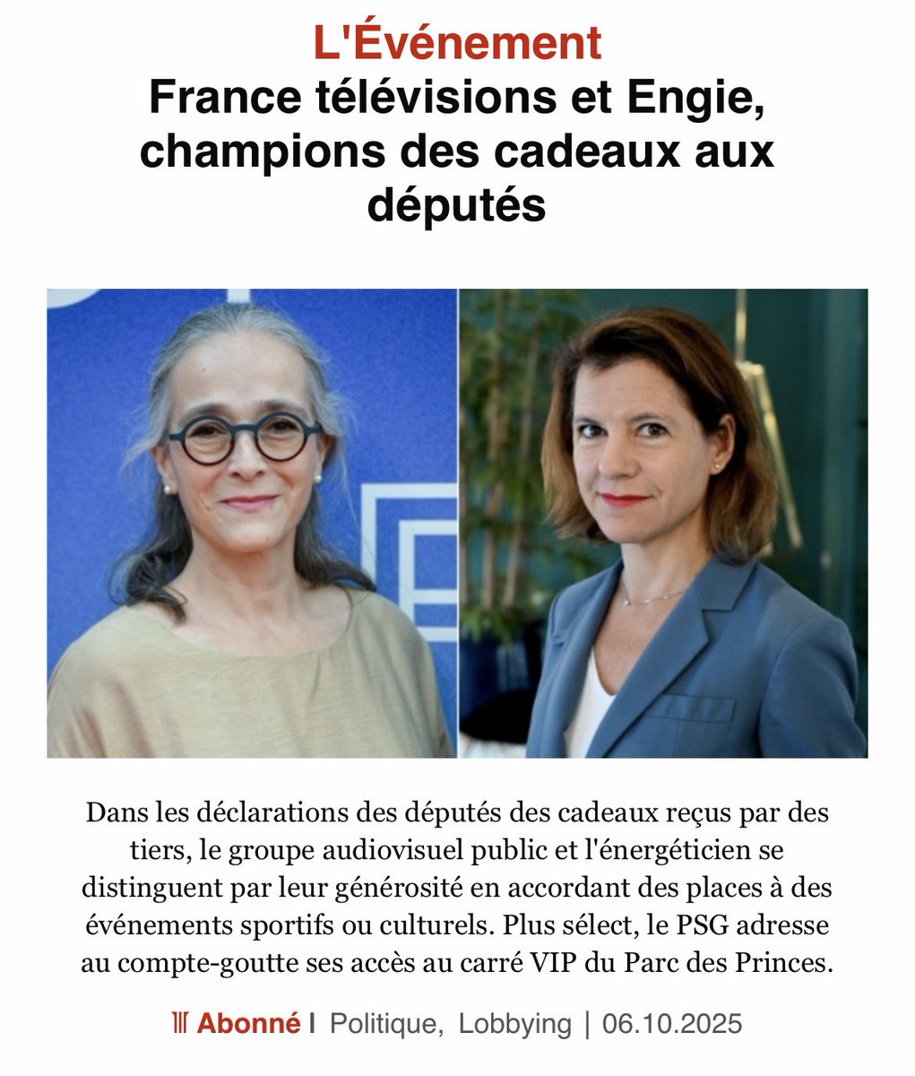 "France TV champion des cadeaux aux députés :
Le groupe audiovisuel public se distingue par sa générosité en accordant des places à des événements sportifs ou culturels"

Ça peut toujours servir en cas de commission d’enquête parlementaire un peu trop curieuse…😉