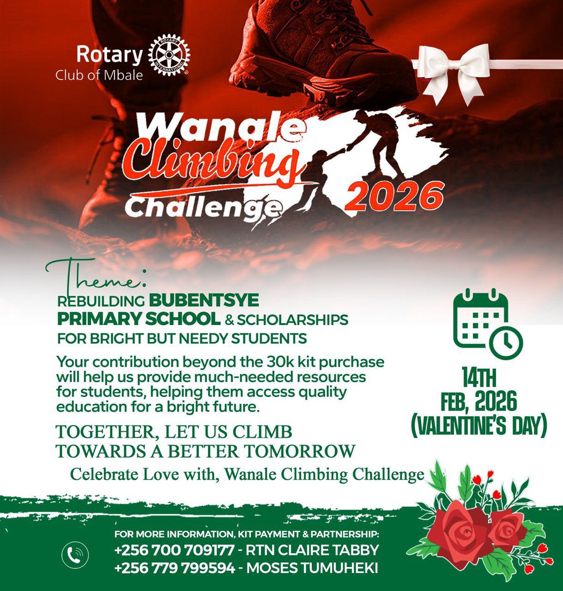 karothk256's tweet photo. Join us for the Wanale Climbing Challenge 7 2026, organized by the Rotary Club of Mbale!

 Date: 14th February 2026 (Valentine's Day)

Cause: ✅️
Rebuilding Bubentsye Primary School & Scholarships for bright but needy students  Your contribution (beyond the UGX 30,000 kit fee) will provide essential resources and quality education for a brighter future. 

 Together, let's climb towards a better tomorrow!

Celebrate love by making a difference. #WanaleChallenge2026