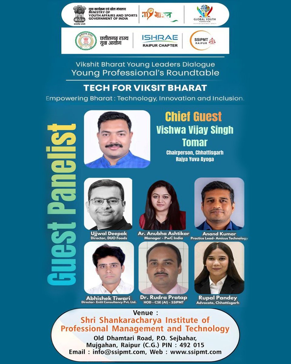 MYBharatHQ's tweet image. Shaping the future of a Viksit Bharat through dialogue, technology, and inclusion. The #YoungProfessionals Roundtable brings together voices that are driving change on the ground.

📍Shri Shankaracharya Institute of Professional Management and Technology
#YoungLeadersDialogue2026